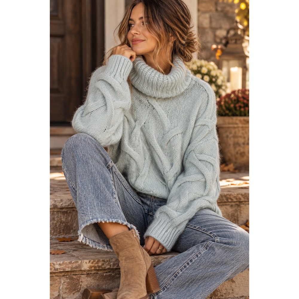 Madewell Somerville Modern Cable Turtleneck Sweater Blue Wool Blend NWT Small
